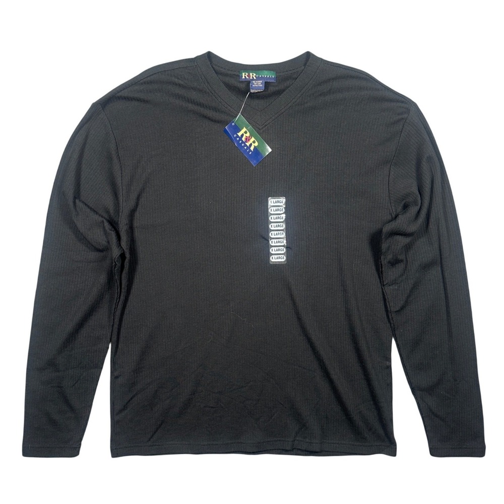 Vintage R&R Casuals Long Sleeve Shirt Mens XL Black New Ribbed V-Neck‎ Cotton